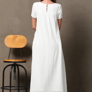 Short sleeve White maxi linen dress for women, summer cotton linen solid casual side slit ankle dress with pockets plus size C534 image 6