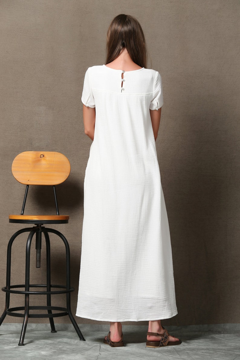 Short sleeve White maxi linen dress for women, summer cotton linen solid casual side slit ankle dress with pockets plus size C534 image 6