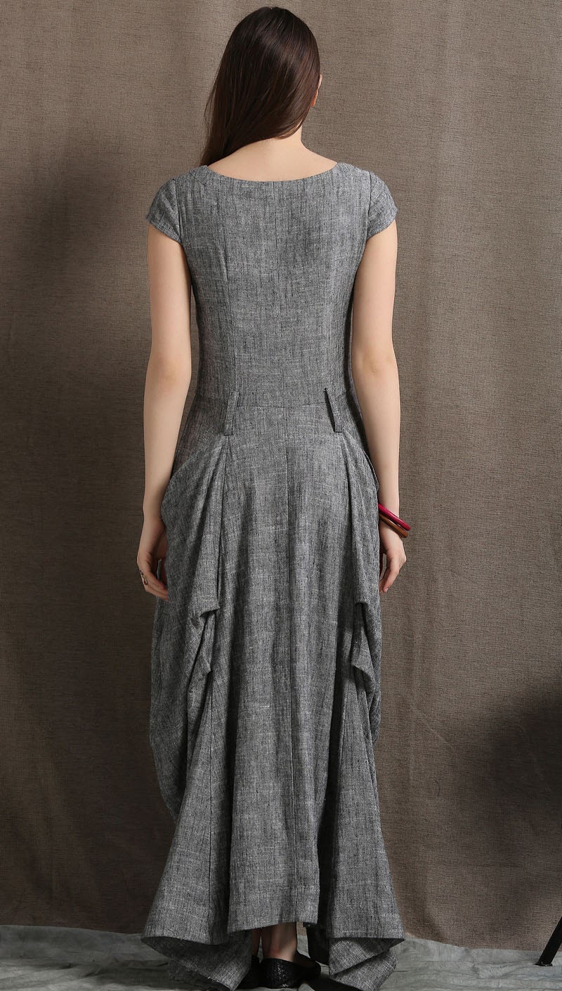 Gray Linen Dress Long Maxi Boho Style Short Sleeved Shift | Etsy