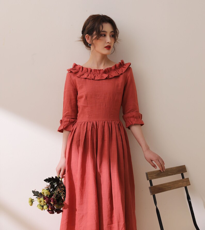 Vintage Inspired Linen Dress Orange Linen Dress Linen Dress Etsy