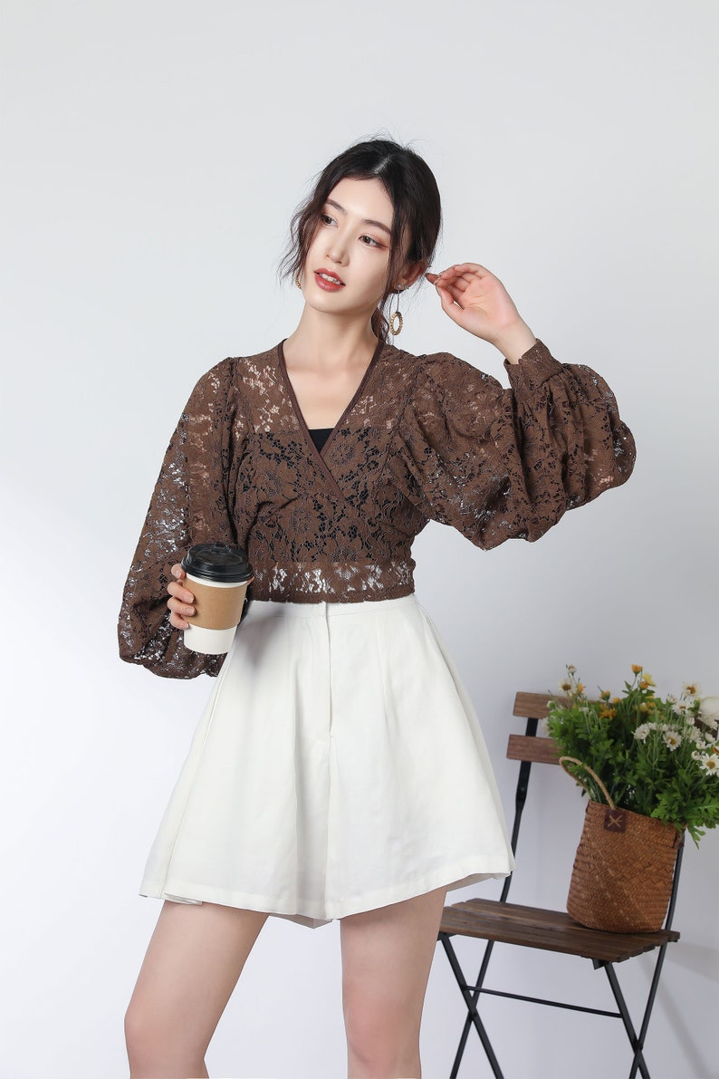 brown lace top, short tops, boho top, long sleeves lace blouse, summer romantic top for women, v neck crop tops, lace clothing c3327 Brown