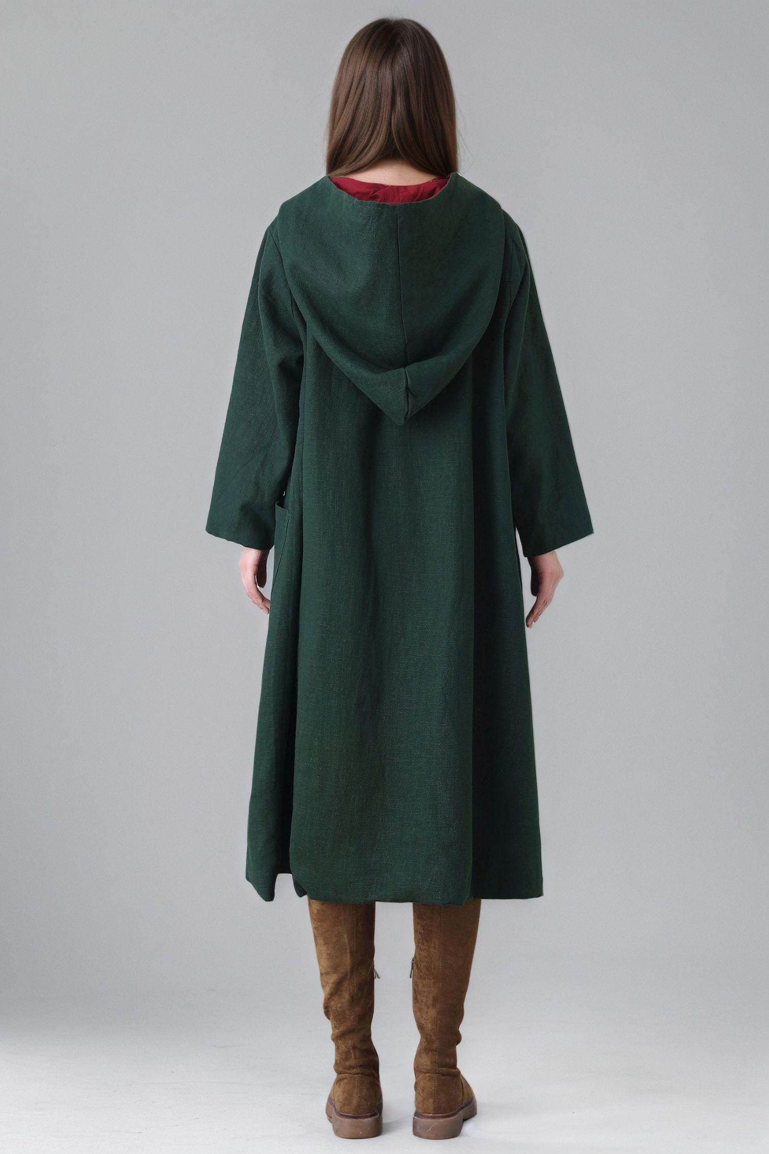 Emerald Green Hooded Linen Jacket: Oversized Cape Coat, Custom