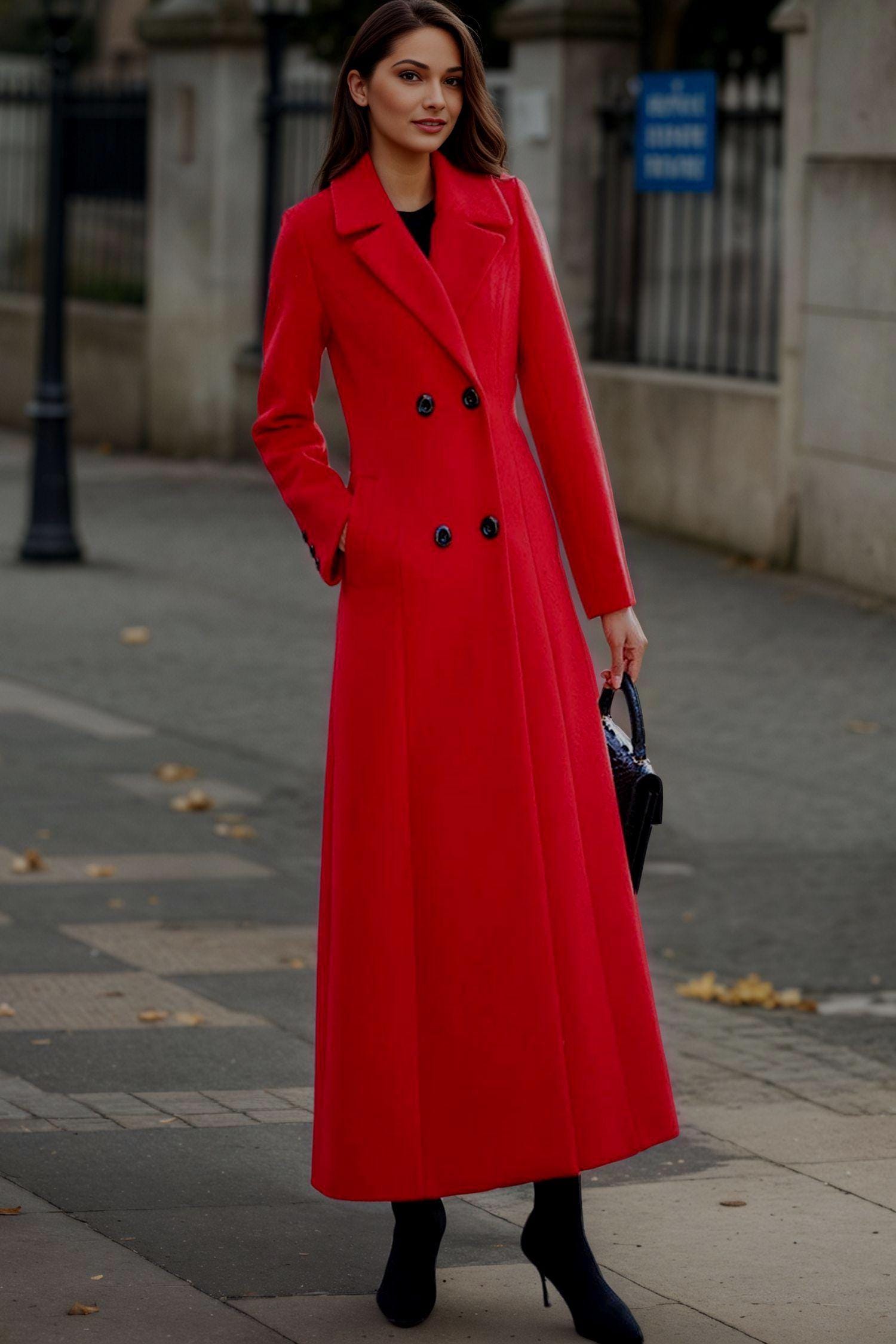 Red Wool Coat, Long Wool Coat, Double-breasted Wool Coat, Belted