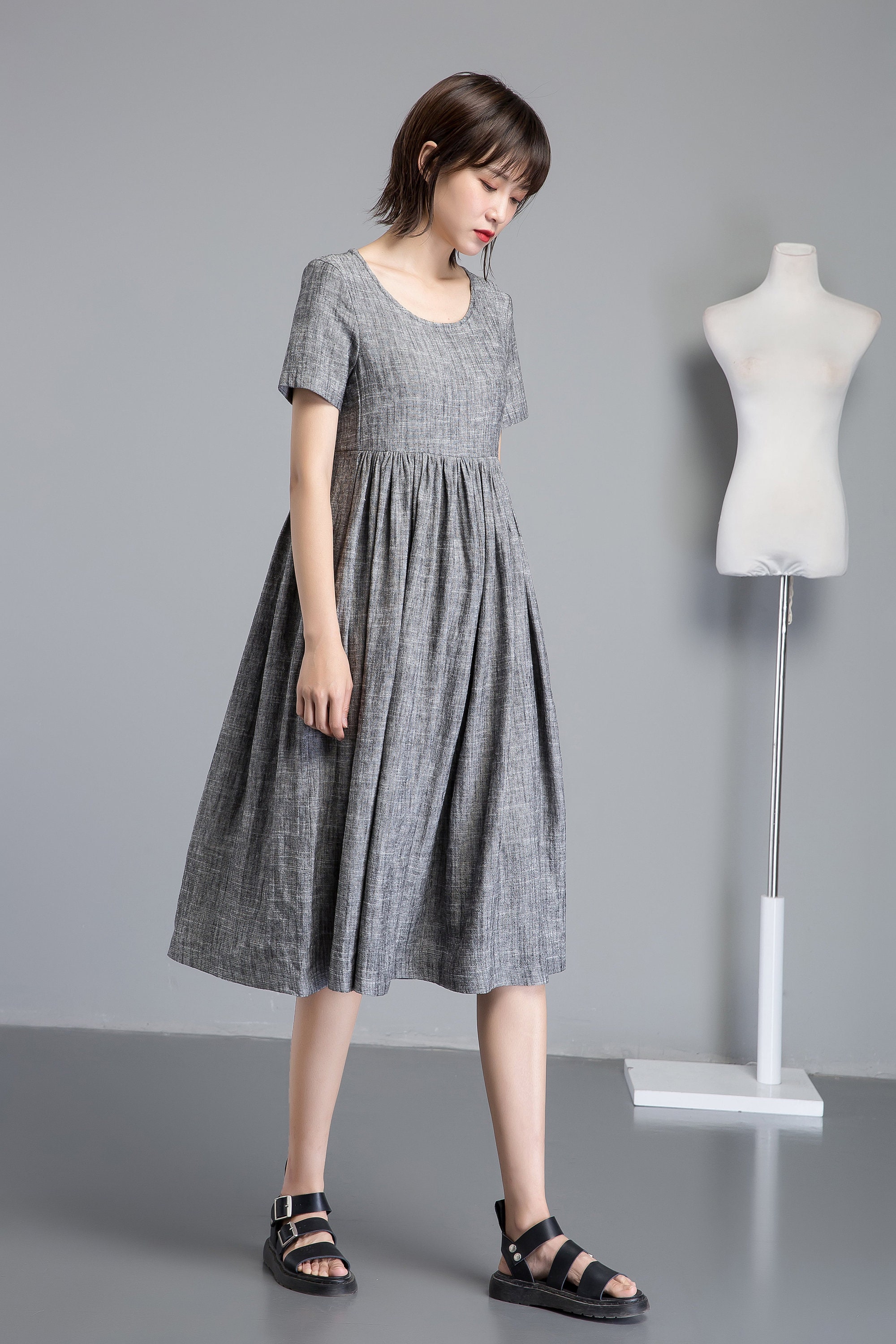 Simple linen dress midi linen dress summer linen dress | Etsy