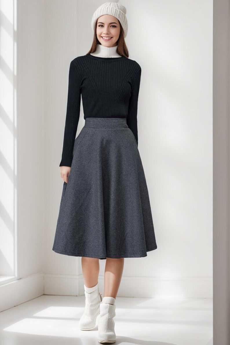 Wool skirt, Wool midi skirt, flare skirt, Swing A line skirt, women skirts winter, Elastic waist skirt, Gray wool skirt, Ylityle C1193 image 1