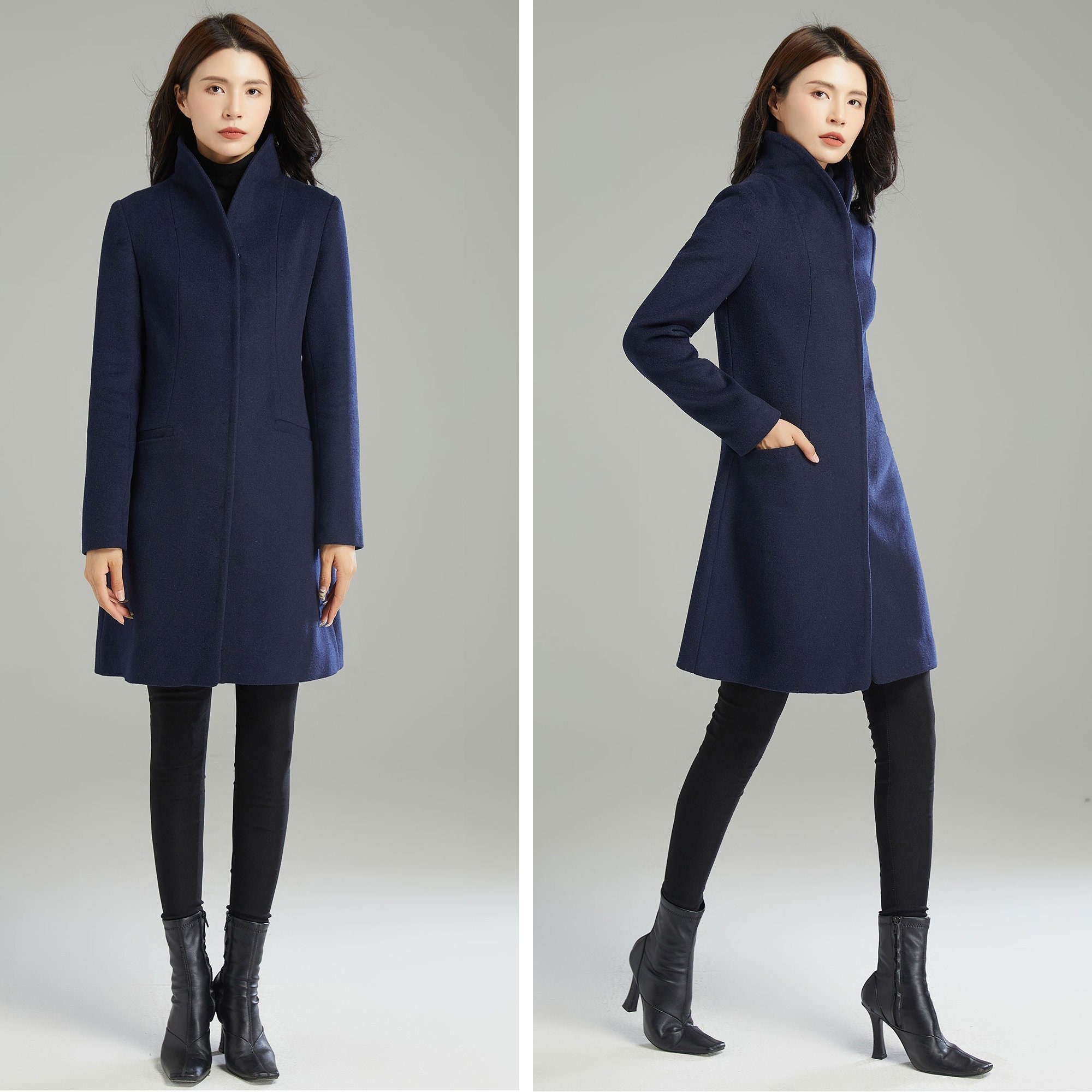 Women's Stand-collar Coat Dark Blue Wool Short Jacket, Warm Women's Stand-collar Coat Dark Blue Wool Short Jacket, Warm