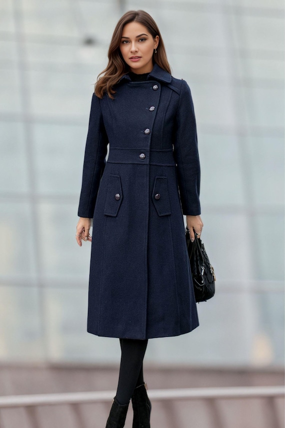 Navy Blue Winter Long Wool Coat Women, Fit and Flare Coat