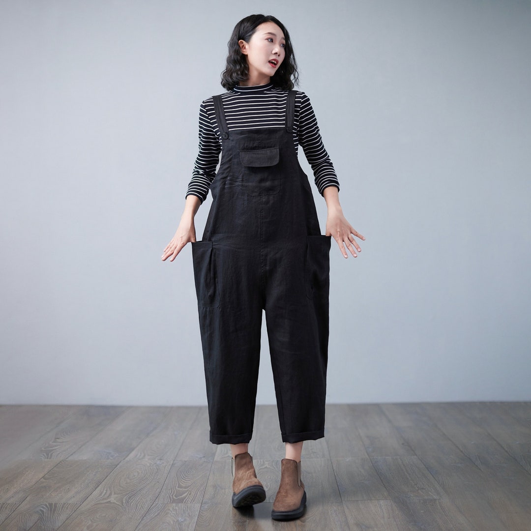 Black Linen Overalls Women, Plus Size Overalls, Linen Jumpsuits Women