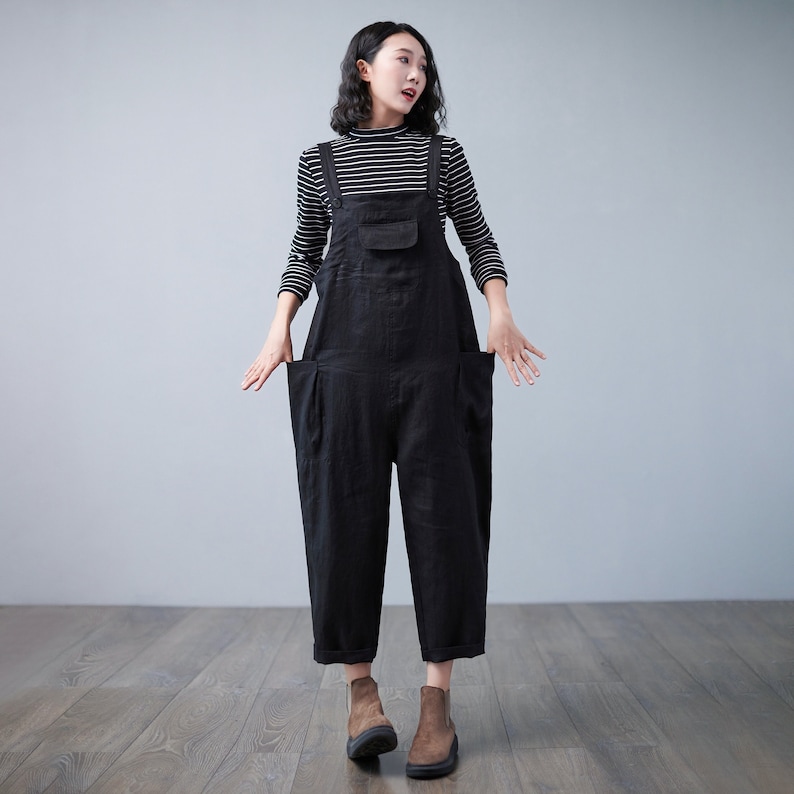 Black Linen Overalls Women Plus Size Overalls Linen Etsy
