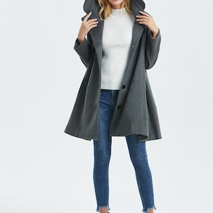 Hooded wool coat, Swing wool coat in Gray, Winter coat women, Warm winter coat, Plus size coat, Classic coat, Custom coat, Ylistyle C1317 image 4