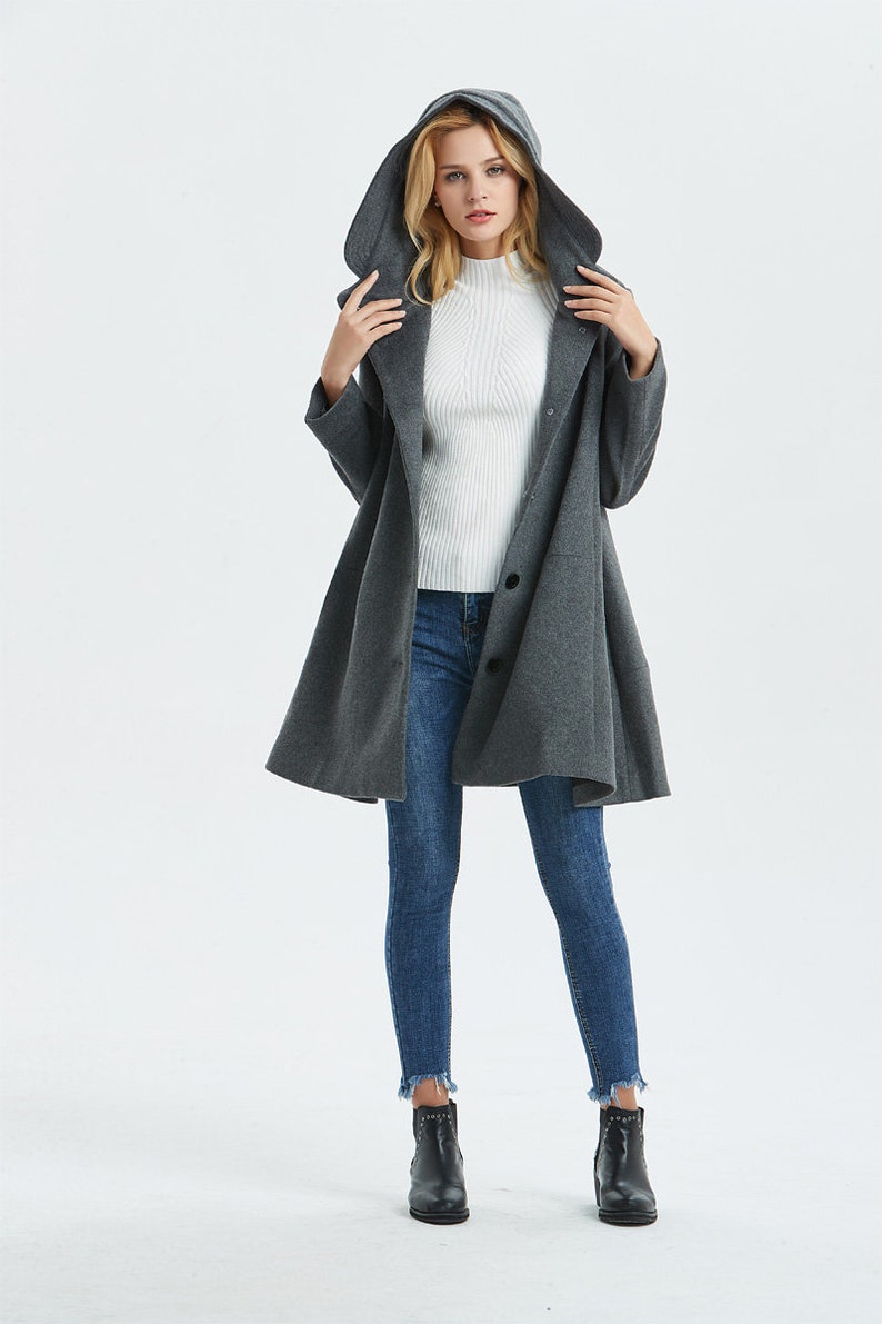 Hooded wool coat, Swing wool coat in Gray, Winter coat women, Warm winter coat, Plus size coat, Classic coat, Custom coat, Ylistyle C1317 image 4