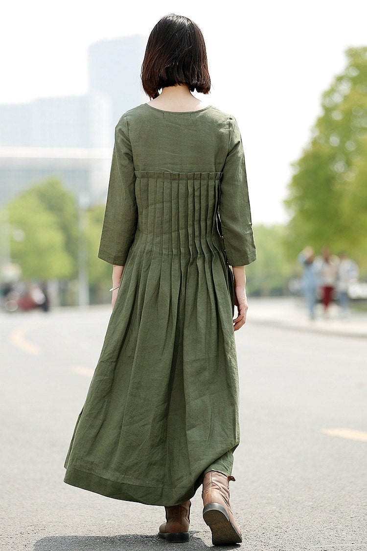 Green Linen Dress Long Linen Dress Pleated Linen Dress | Etsy Canada