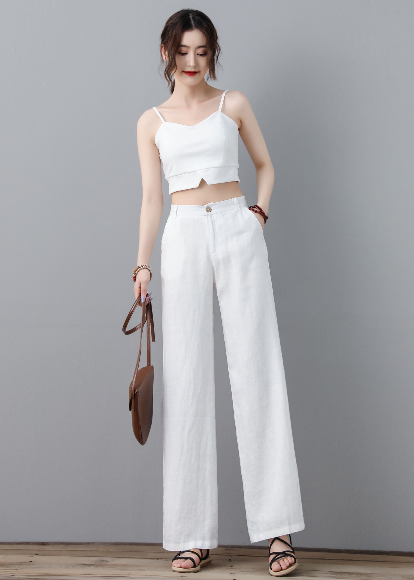 【LOOKPLE】Summer Washed Linen Semi-Wide Denim Pants★ Semi-formal Linen Straight Trousers, White Linen Pants