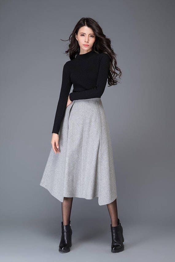 Asymmetrical Wool Midi Skirt, Gray Winter Office Skirt, Custom