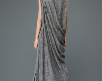 knee length dresses for ladies Cloud Grey Linen Dress