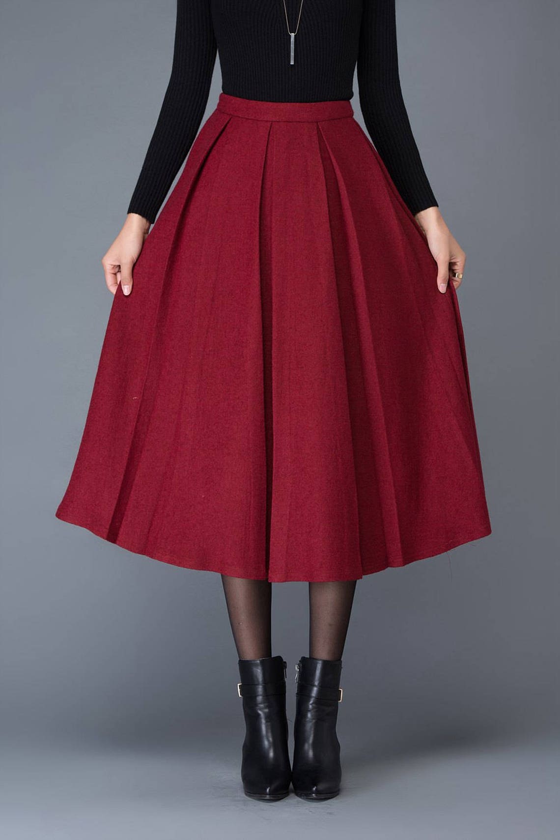 High waist wool skirt in red midi wool skirt A Line Pleated | Etsy