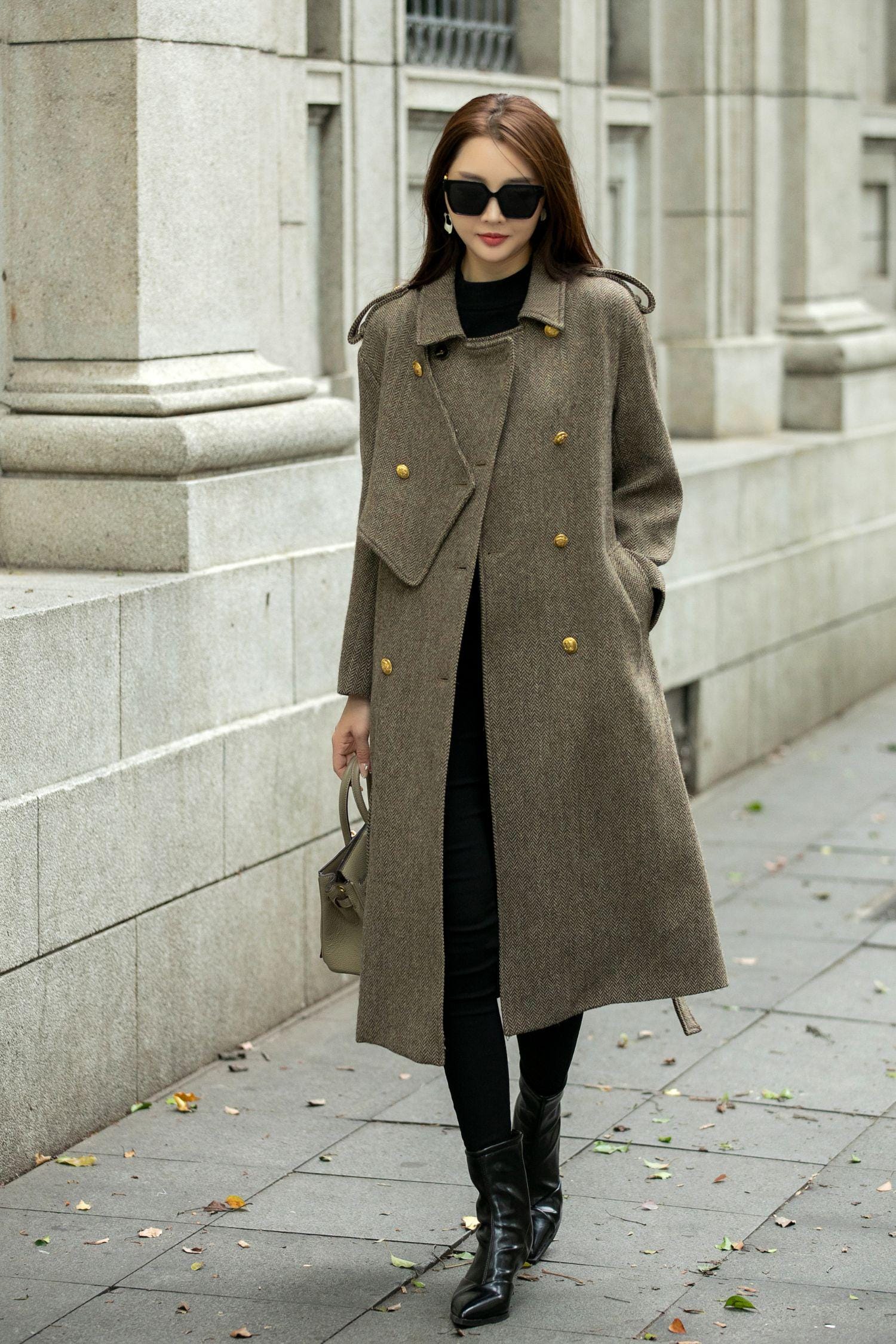 Military Wool Coat, Army Green Coat Women, Midi Wool Coat, Loose