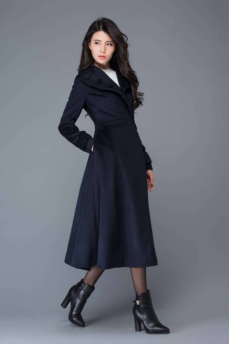 Midi wool coat, wool coat, womens winter coats, dress coat, navy blue coat, flare coat, warm coat, swing coat, made to order C1021 image 8