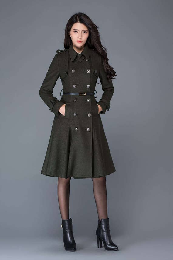 Wool Coat Women, Double Breasted Wool Coat, Winter Coat Women, Military Coat,  Green Wool Coat With Pockets, Handmade Wool Coat C1028 