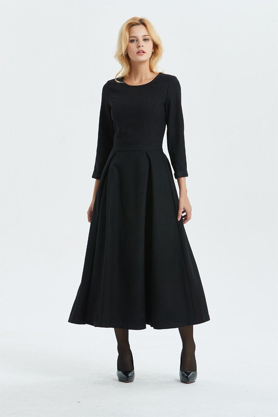 Black wool dress Long wool dress winter dress womens dress Etsy
