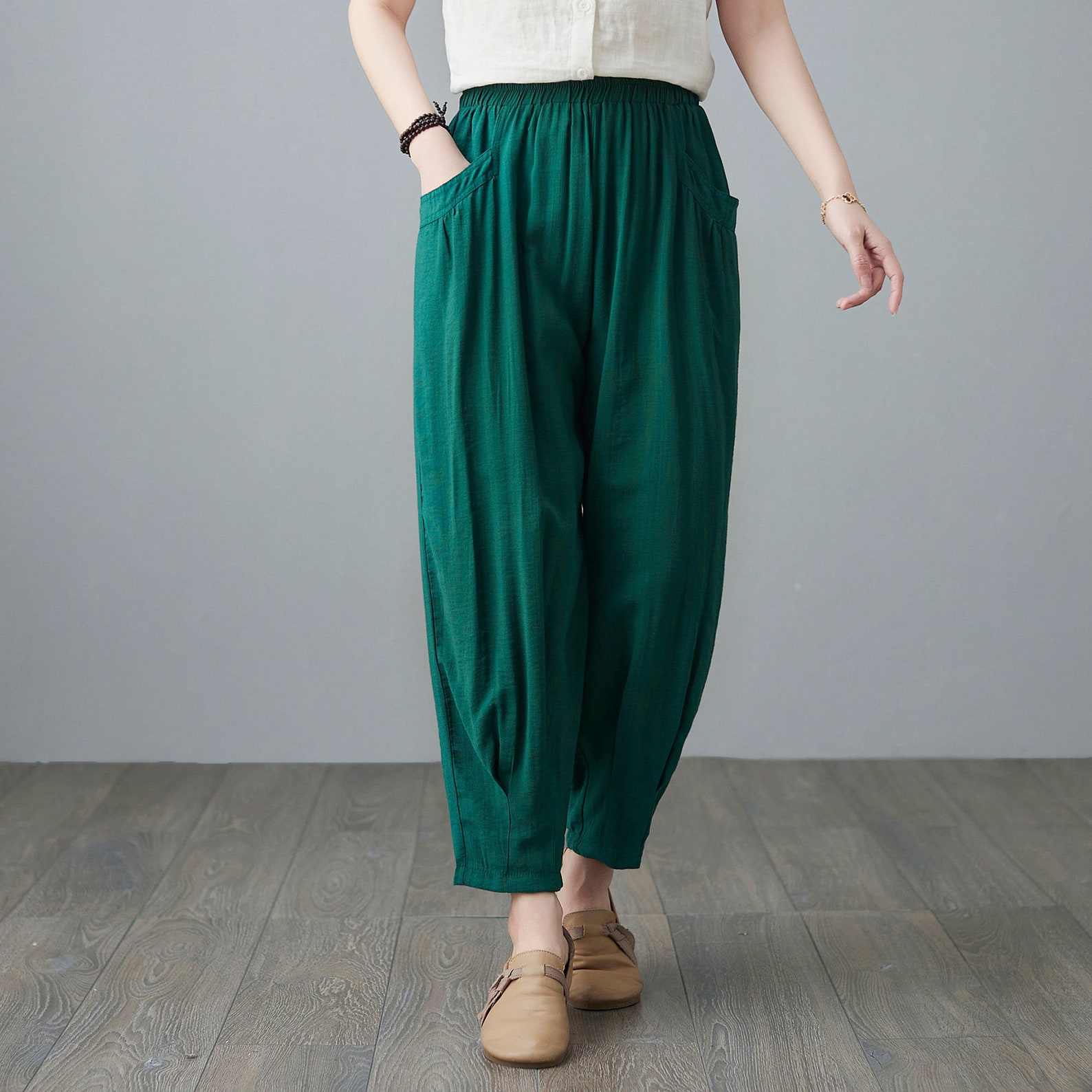 Harem Linen pants Green cropped pants Long linen pants High | Etsy