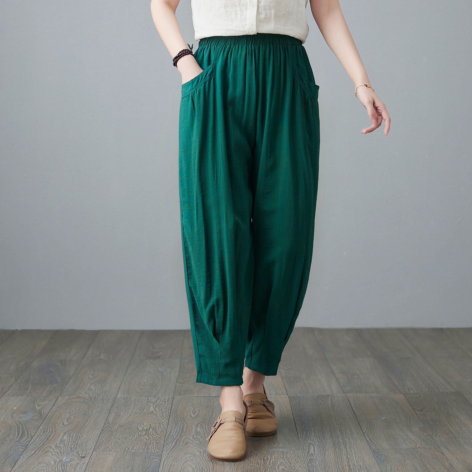 Harem Linen pants Green cropped pants Long linen pants High Etsy