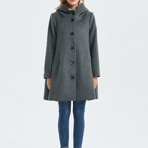 Hooded wool coat, Swing wool coat in Gray, Winter coat women, Warm winter coat, Plus size coat, Classic coat, Custom coat, Ylistyle C1317 image 2