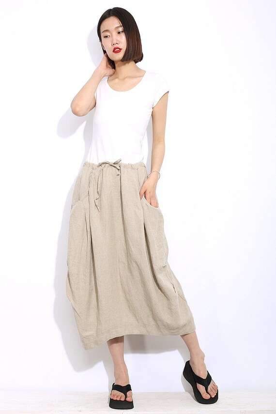 Casual Linen Skirt Cream Beige Mid Length Woman S Skirt Etsy