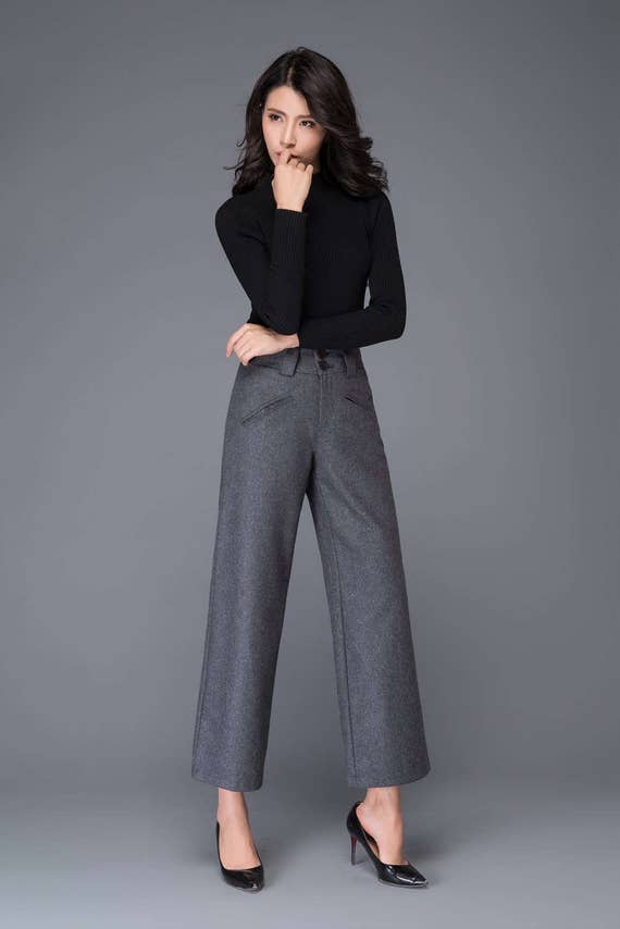 Grey Womens Wool Pants, Wide Leg Pants, Winter Pants Women