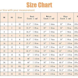 May include: Size chart for clothing with measurements in inches and centimeters. The chart includes sizes for EU, UK, US, and bust, waist, hips, and height.