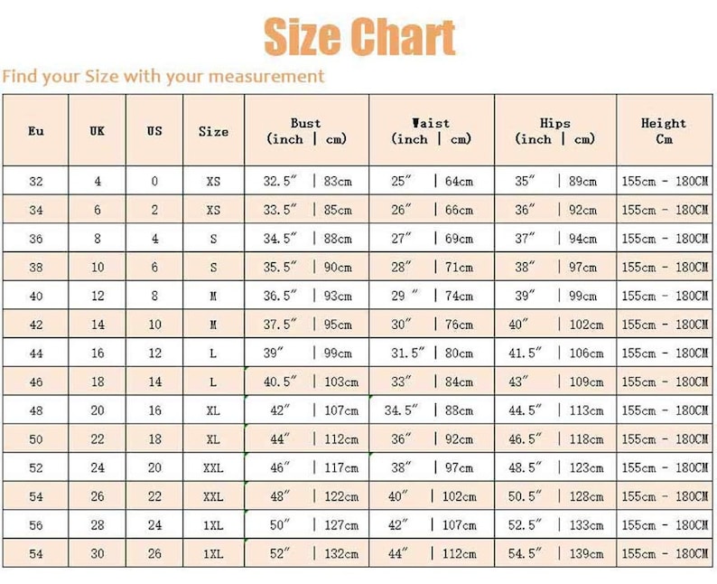 May include: Size chart for clothing with measurements in inches and centimeters. The chart includes sizes for EU, UK, US, and bust, waist, hips, and height.