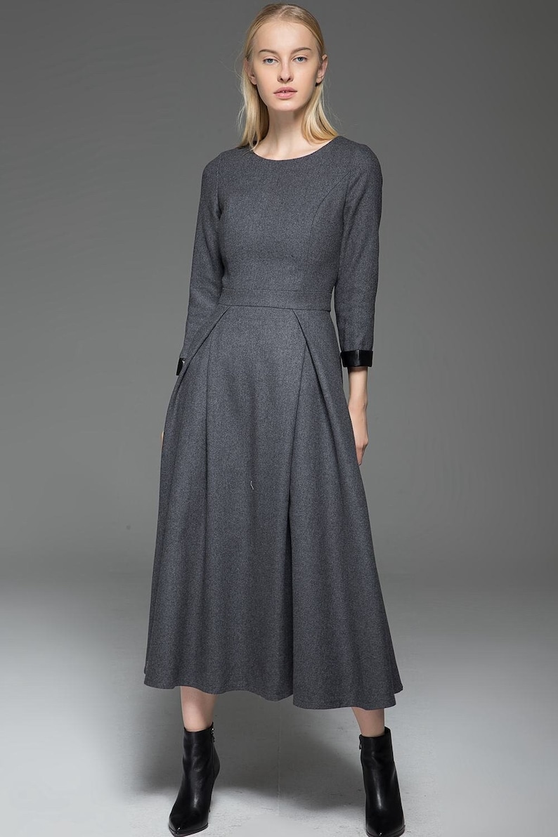 Wool Dress, Womens Long wool dress, Classic Long Fitted Tailored Warm Winter Dress with Long Sleeves Round Neck & Black Leather Cuffs C780 image 6