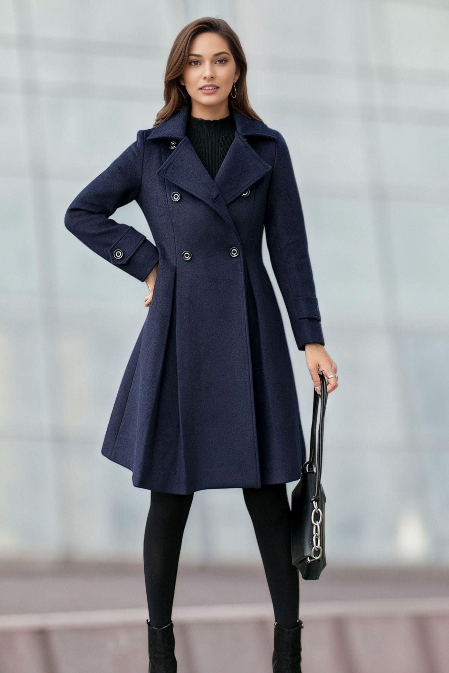 ネイビーブルーのダブルブレストウールコート、ウールコートレディース