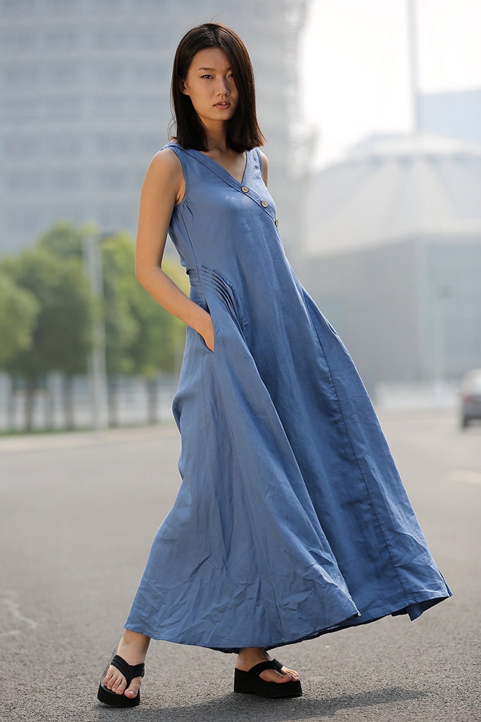 Blue Linen Dress Maxi Casual Summer Dress Long Length Etsy