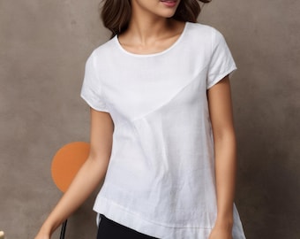 White Linen Blouse, Asymmetrical Boat Neck Top, Summer Casual, Ylistyle C949#