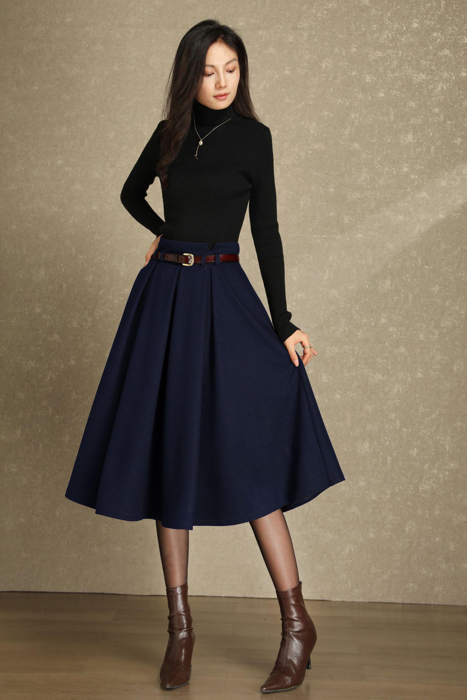 Navy Blue Wool Midi Skirt: High Waisted A-line Vintage Inspired