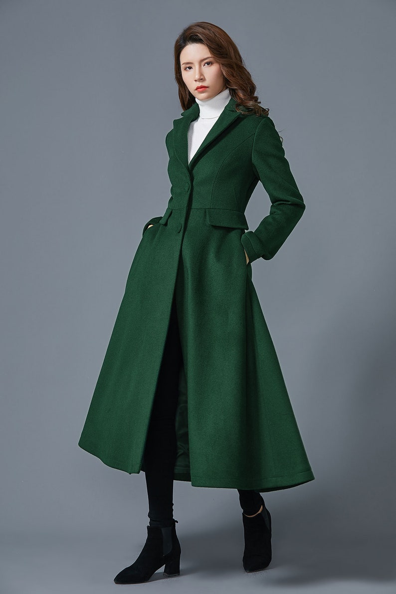 Dark green wool coat, Long wool coat, Warm winter coat, ladies coat, Womens wool coat, Wool coat with pockets, handmade coat, Ylistyle C1614 image 3