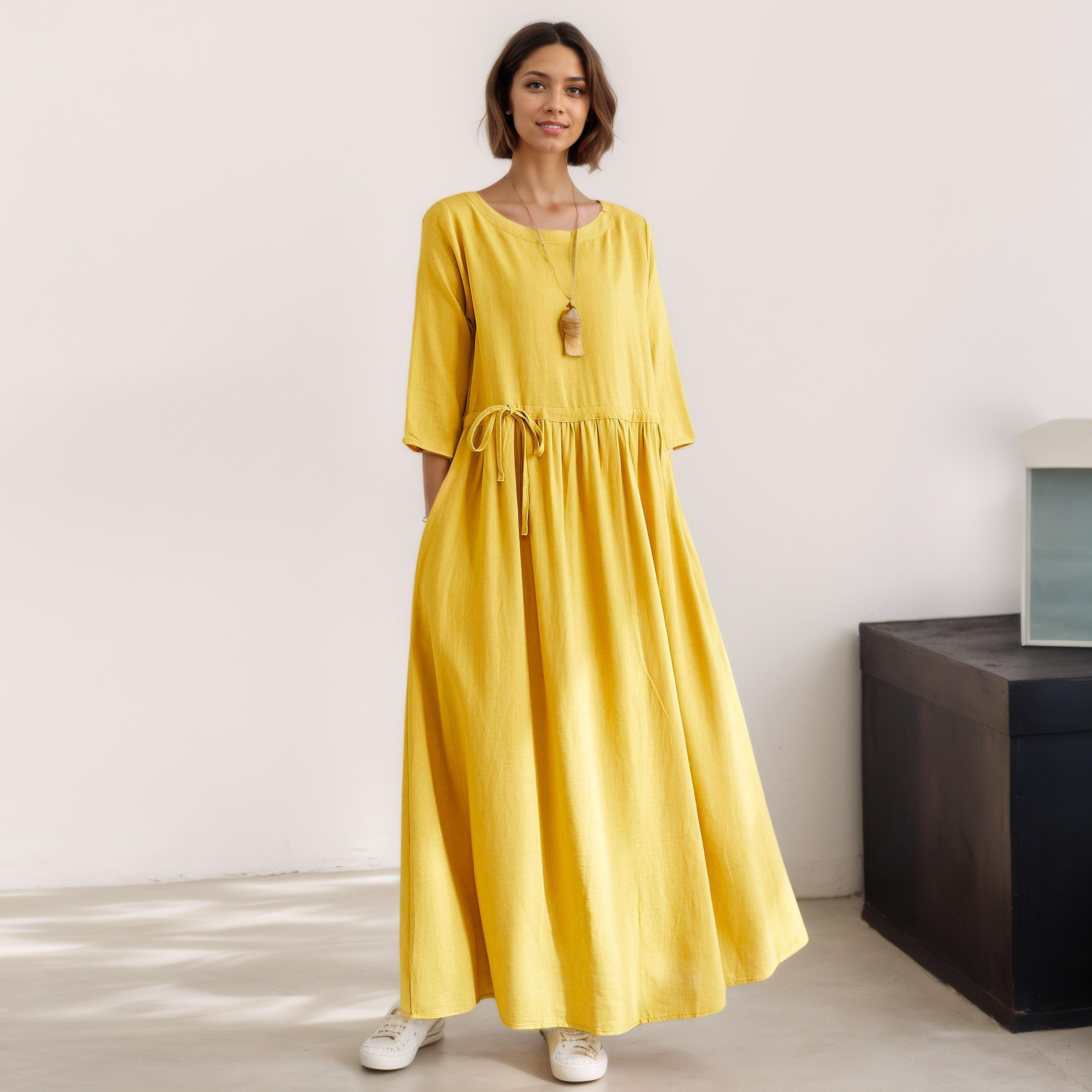 yellow casual maxi dress Elysium - US 0 Our Maxi Dress with Pockets features two convenient side pockets Yellow Cotton Linen Maxi Dress