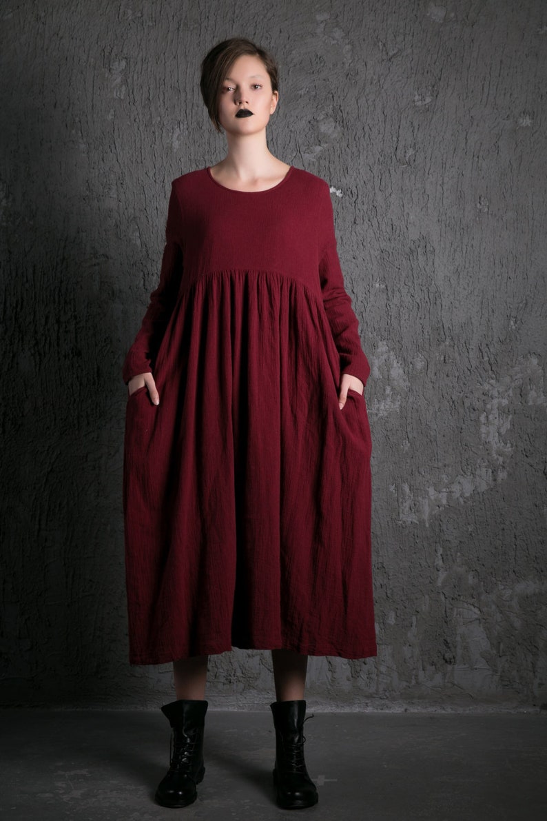 Plus Size Organic Linen Long Maternity Dress, Pleated Loose Dress with Pockets, Causal Maxi Dress Women, Long-Sleeved Dress Clothing C496 image 4