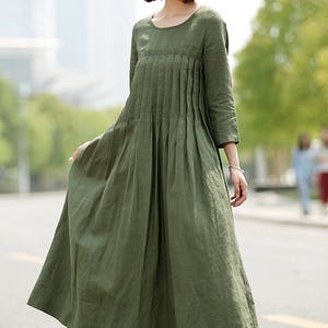 Green Linen Dress Long Linen Dress Pleated Linen Dress - Etsy