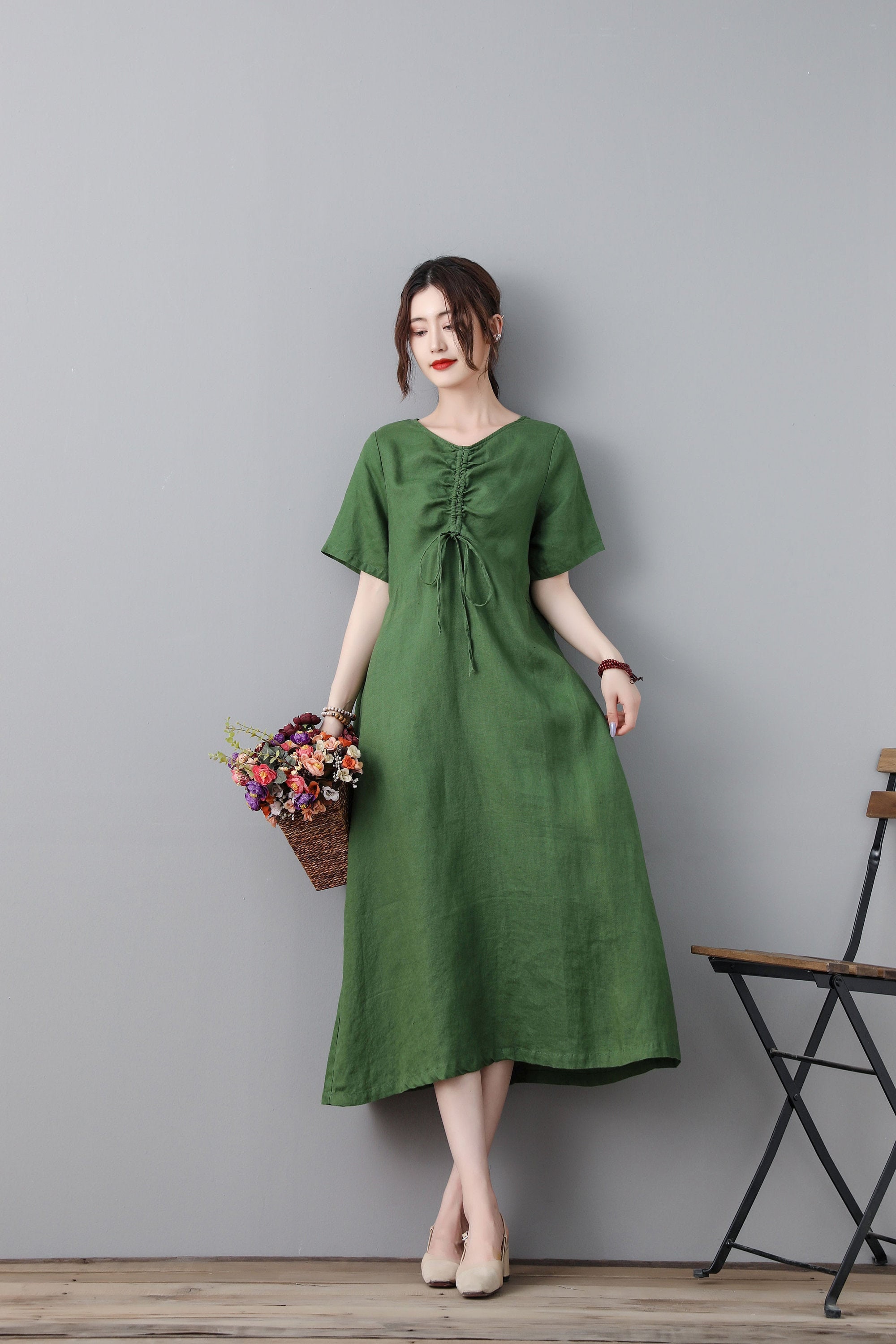 Linen Green Dress Midi Dress Causal Dress Long Dress With Etsy