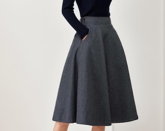 Gray Wool skirt, Wool midi skirt, women skirts winter, Swing A line skirt, flare skirt, Elastic waist skirt, Custom skirt, Ylistyle C1193