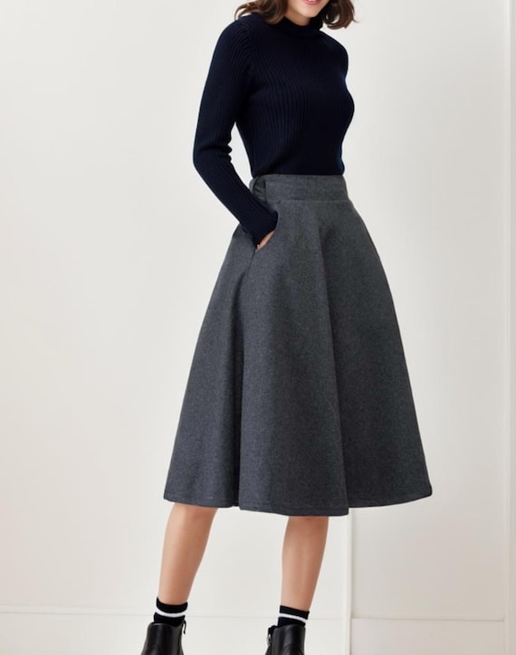 Gray Wool Skirt, Wool Midi Skirt, Women Skirts Winter, Swing