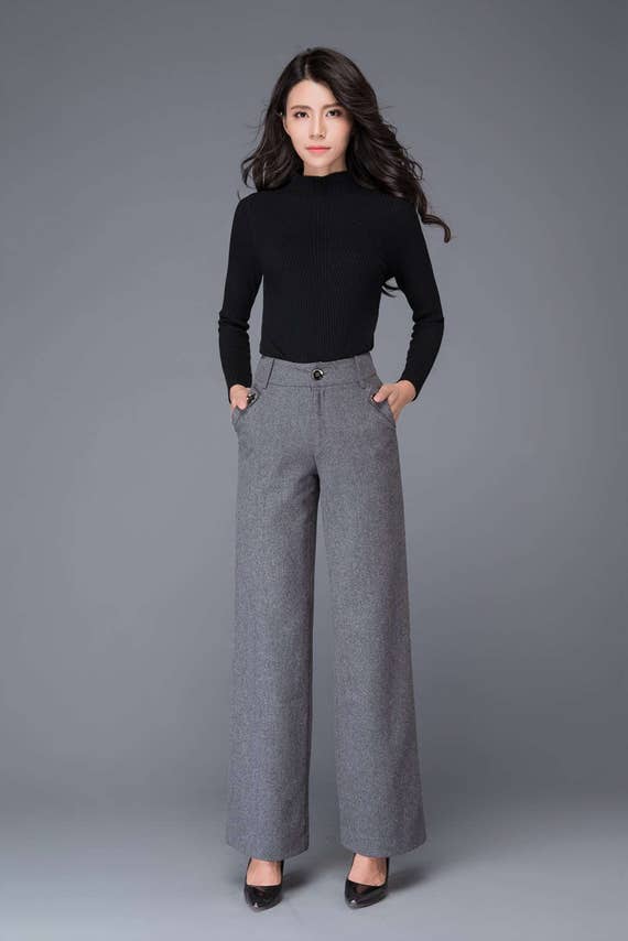 Gray Wool Pants, High Waisted Pants, Maxi Pants, Wool Pants, Wide