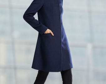 Navy Wool Coat, Short Wool Coat, Office Wear, Womens Stand