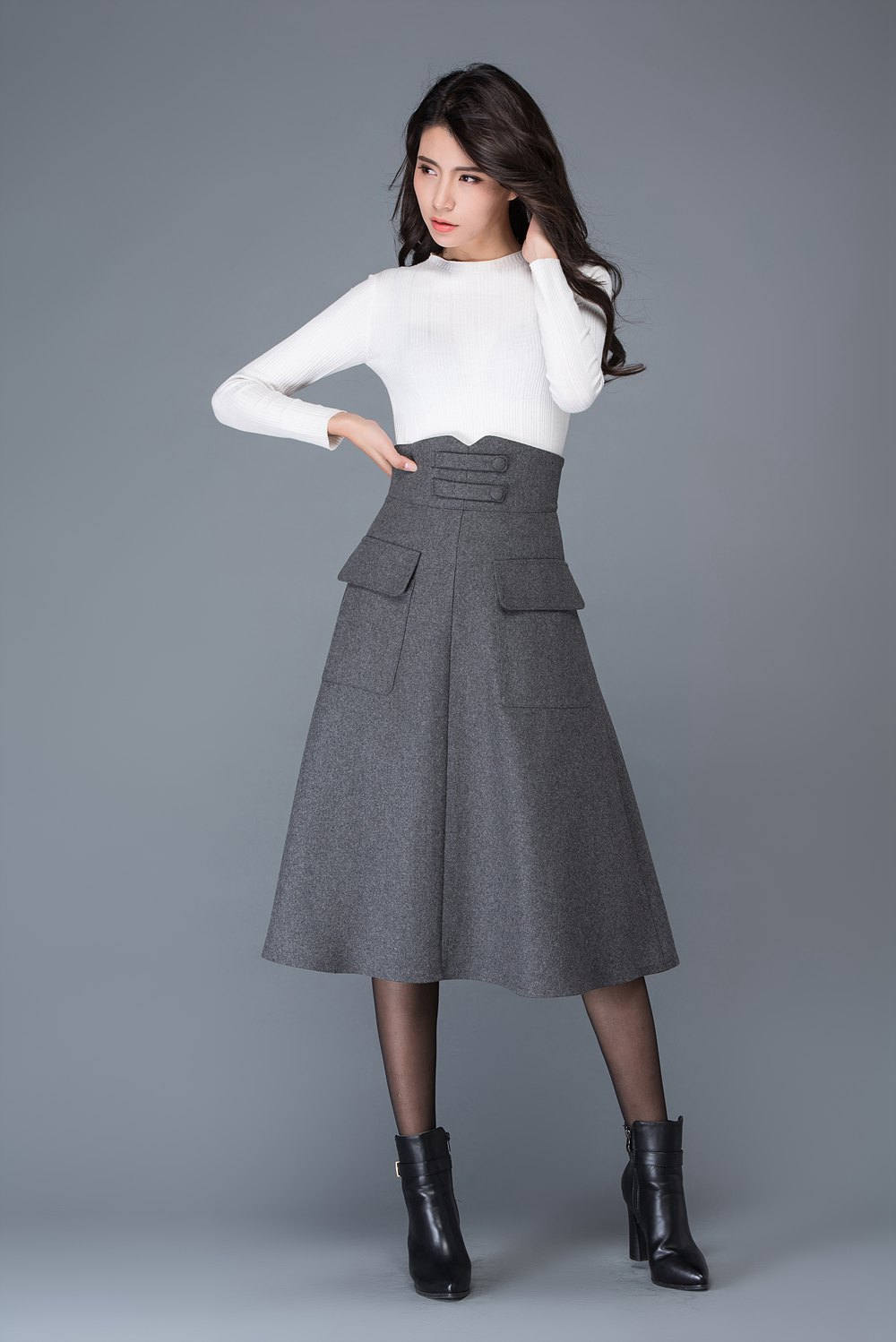 High Waisted Wool Skirt in Gray, Midi Skirt, Winter Skirts, Designer Skirt,  Warm Skirt, Pocket Skirt, Womens Skirts, Custom Skirt C1035 