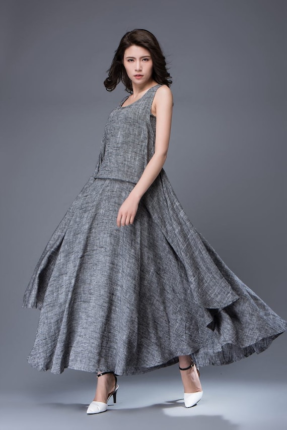 Gray Linen Dress Layered Flowing Elegant Sleeveless Long | Etsy