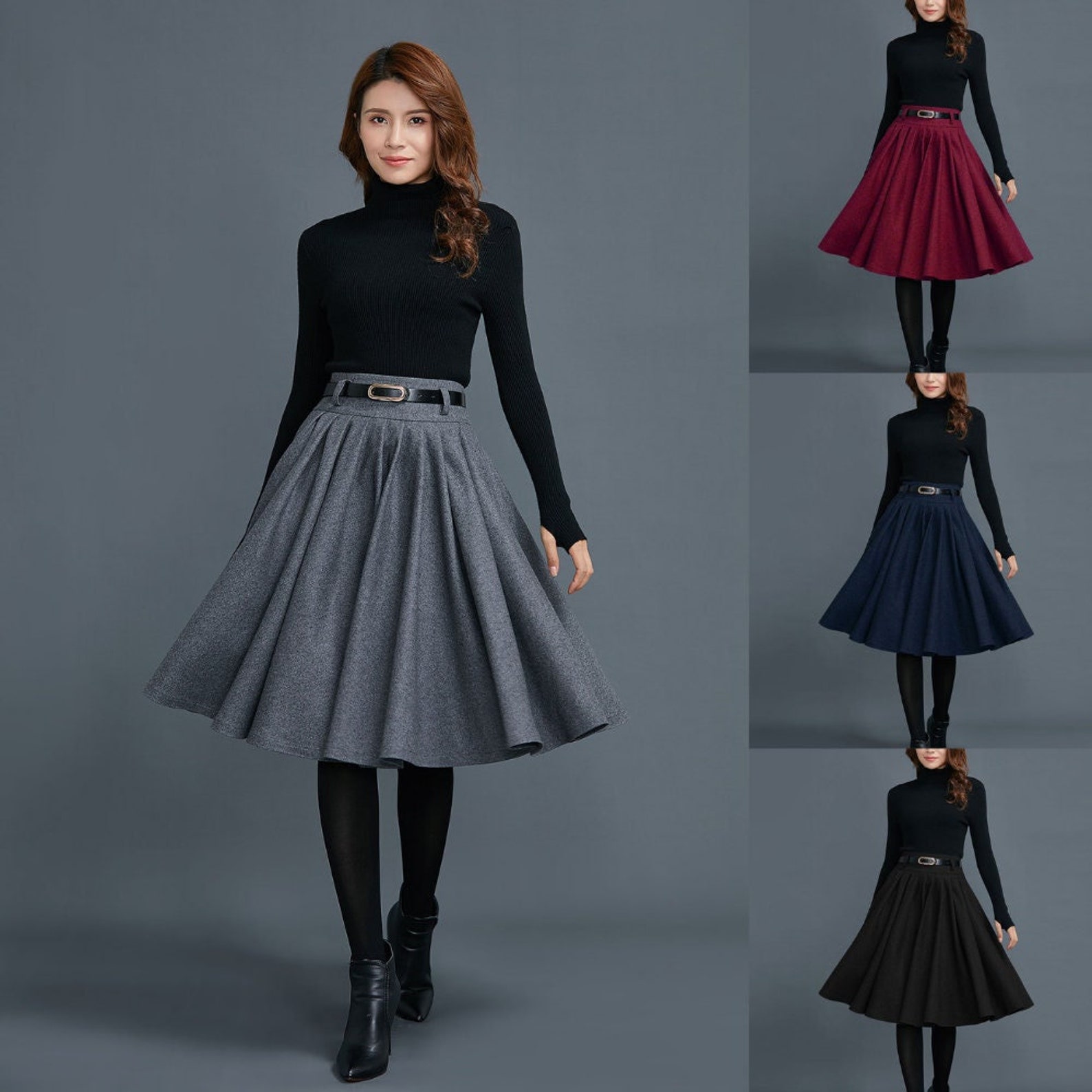 Knee-neck Wool Pleated Midi Skirt