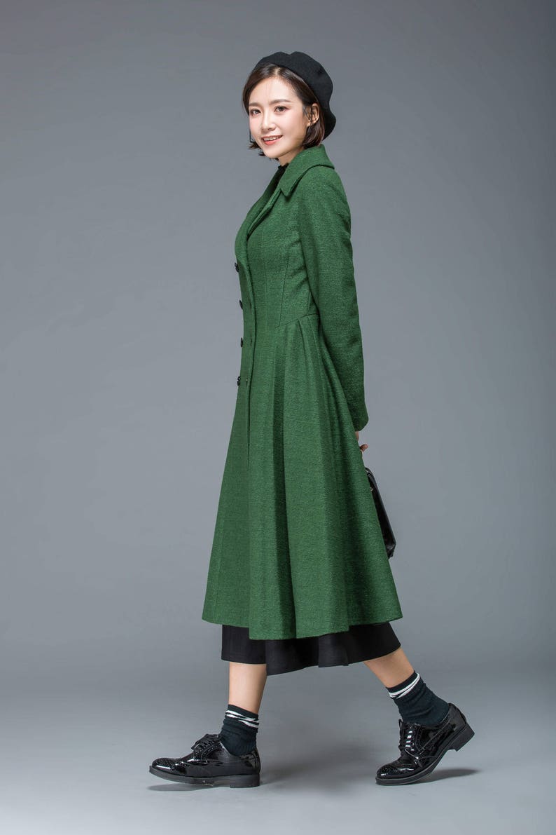 Wool coat, Long wool coat, winter coat women, womens coat, wool coat women, classic coat, green coat, double breasted coat, Ylistyle C1171 image 3