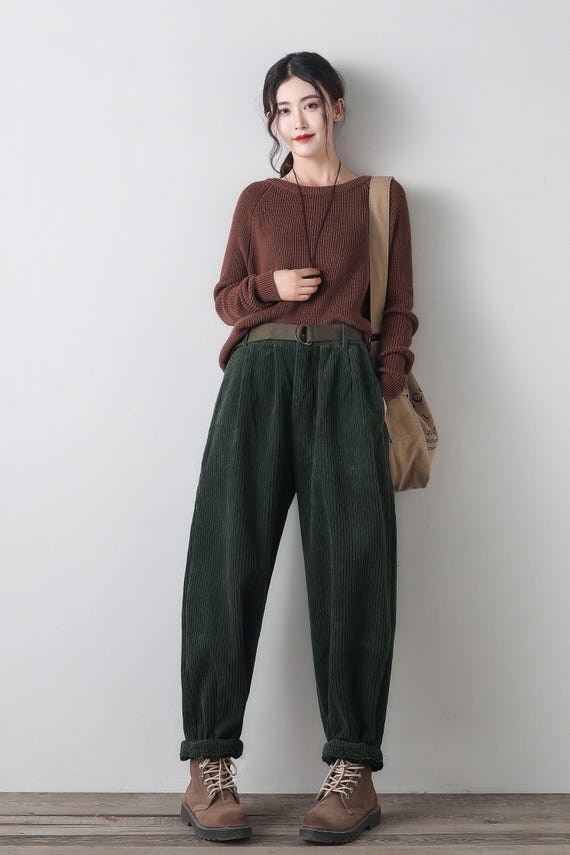 Pantalon Femme En Velours Côtelé Large - Style Japonais Sarouel - Taille Élastique Avec Cordon - Confortable Pour Automne-Hiver
